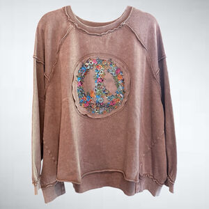 Easel Oversized Peace & Petals Washed Terry Floral Peace Sign Pullover Top Mocha